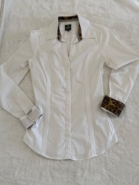 Express The Essential Shirt White Leopard Print Trim Button Up - Size S